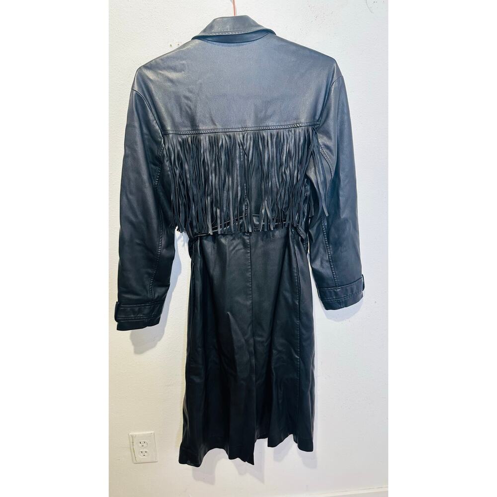 JASON WU Black Faux Leather Long Fringe Trench Style Tie Waist Jacket size XS - Picture 3 of 16